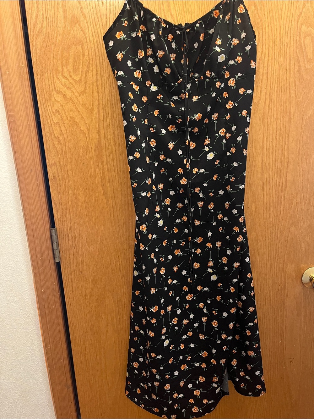 Black Floral Midi Slip Dress with Orange Blooms